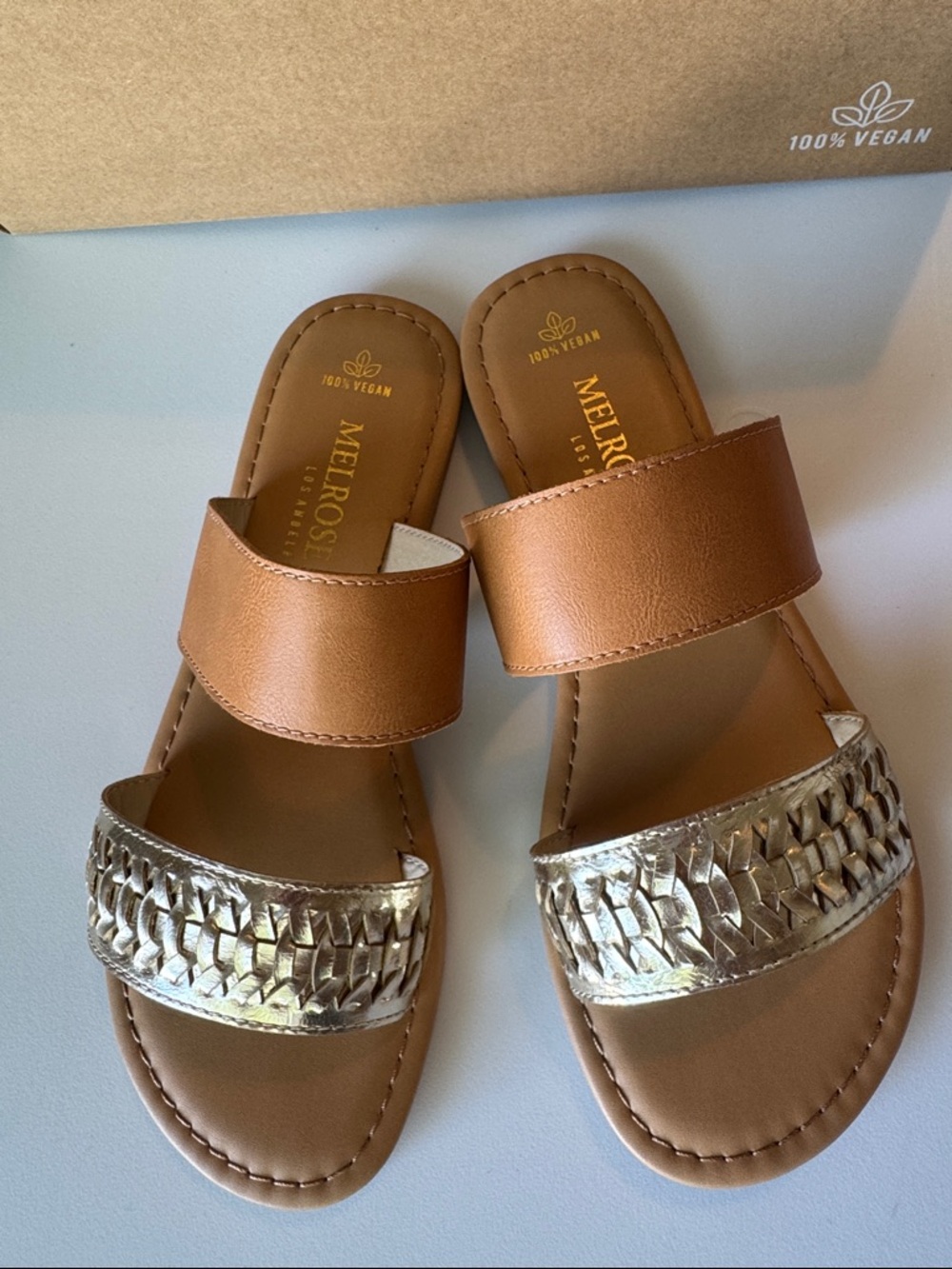 Melrose Los Angeles Tan Slide Sandals with Gold Woven Strap